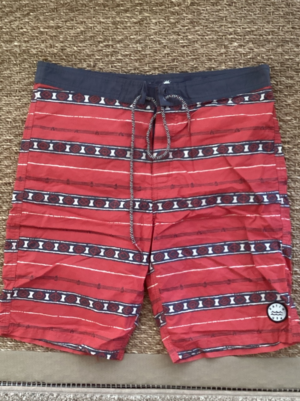 Katin Red Striped Swim Board Shorts with Navy Waistband